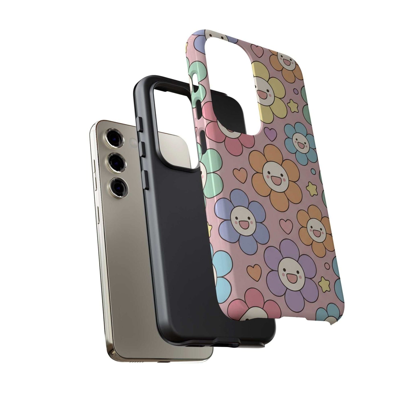 Happy Flower Samsung Phone Case with colorful smiling floral pattern and dual-layer protection for Samsung phone