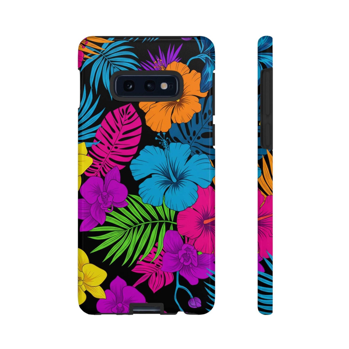 Modern tropical floral Samsung phone case with dual-layer shock protection and UV-resistant 3D wrap design