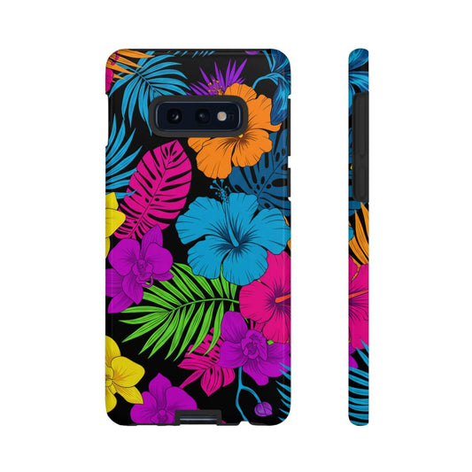 Modern tropical floral Samsung phone case with dual-layer shock protection and UV-resistant 3D wrap design