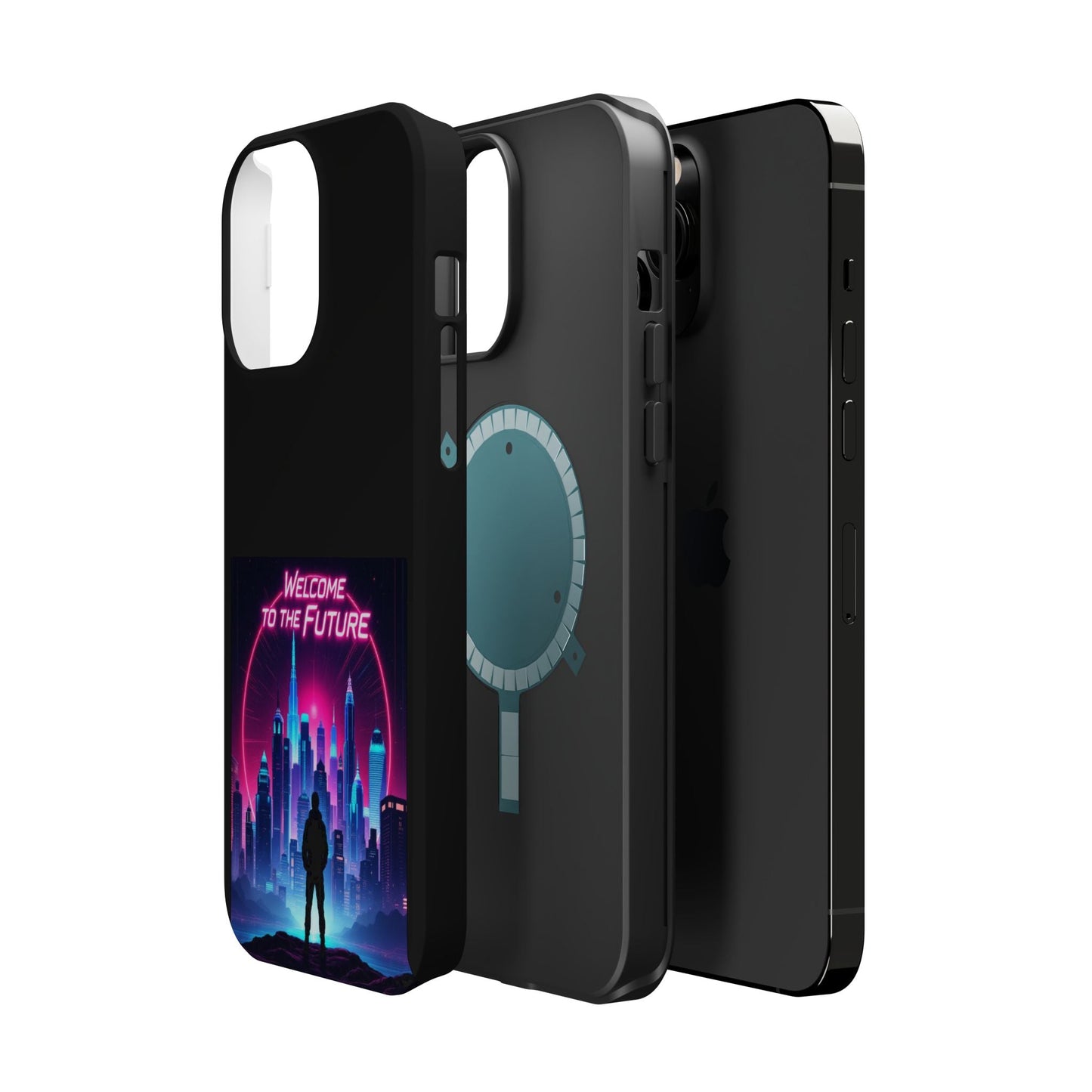 Futuristic Vibe iPhone Case with bold neon cityscape design and durable MagSafe compatible protective shell