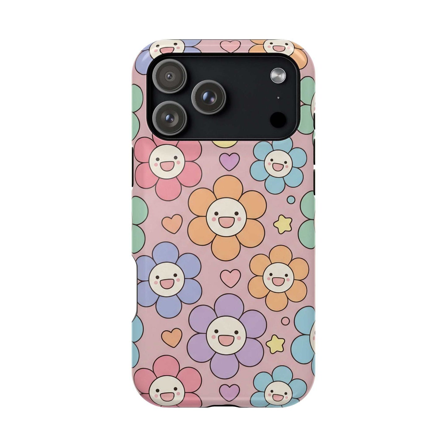 Happy Flower iPhone Tough Case with colorful smiling floral design, MagSafe compatible and impact-resistant phone cover