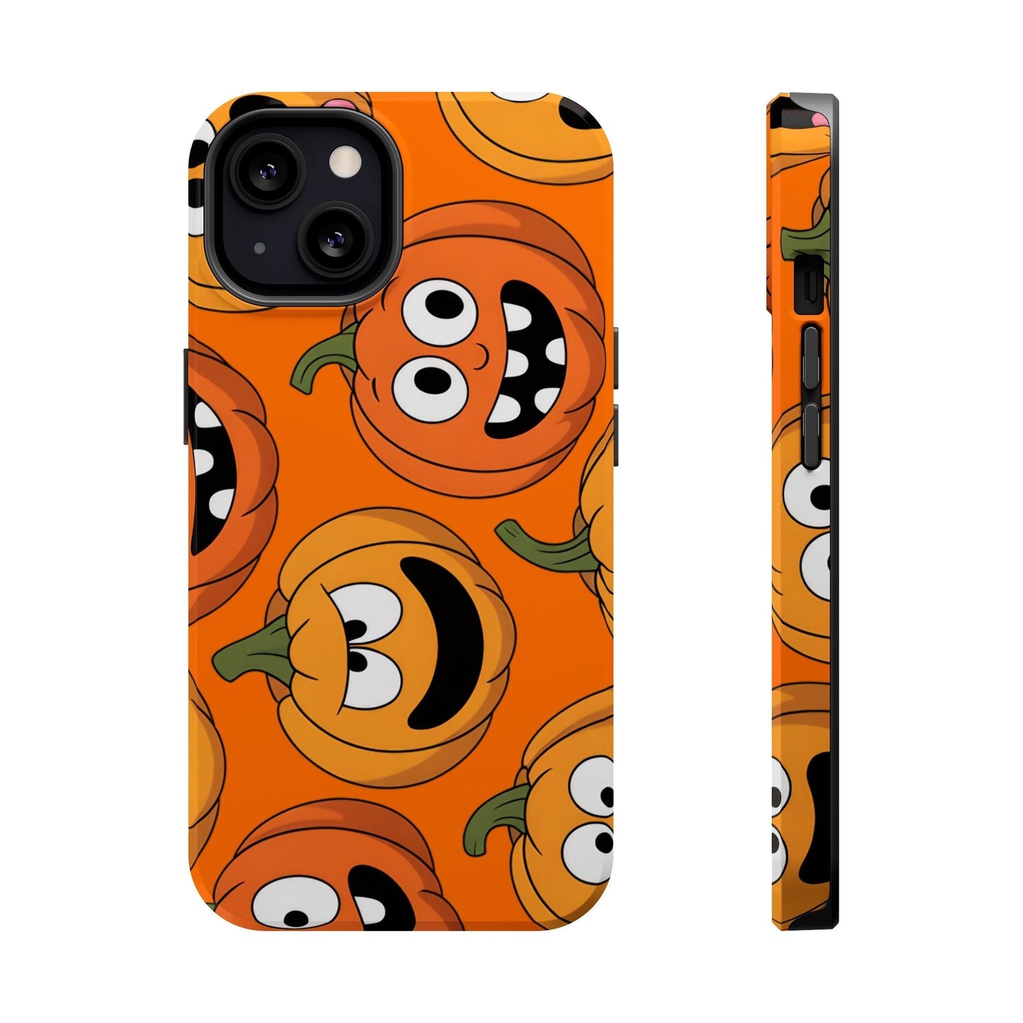 Moody Pumpkins Design iPhone case with playful Halloween pumpkin faces in vibrant orange, durable dual-layer protective cover with MagSafe compatibility.