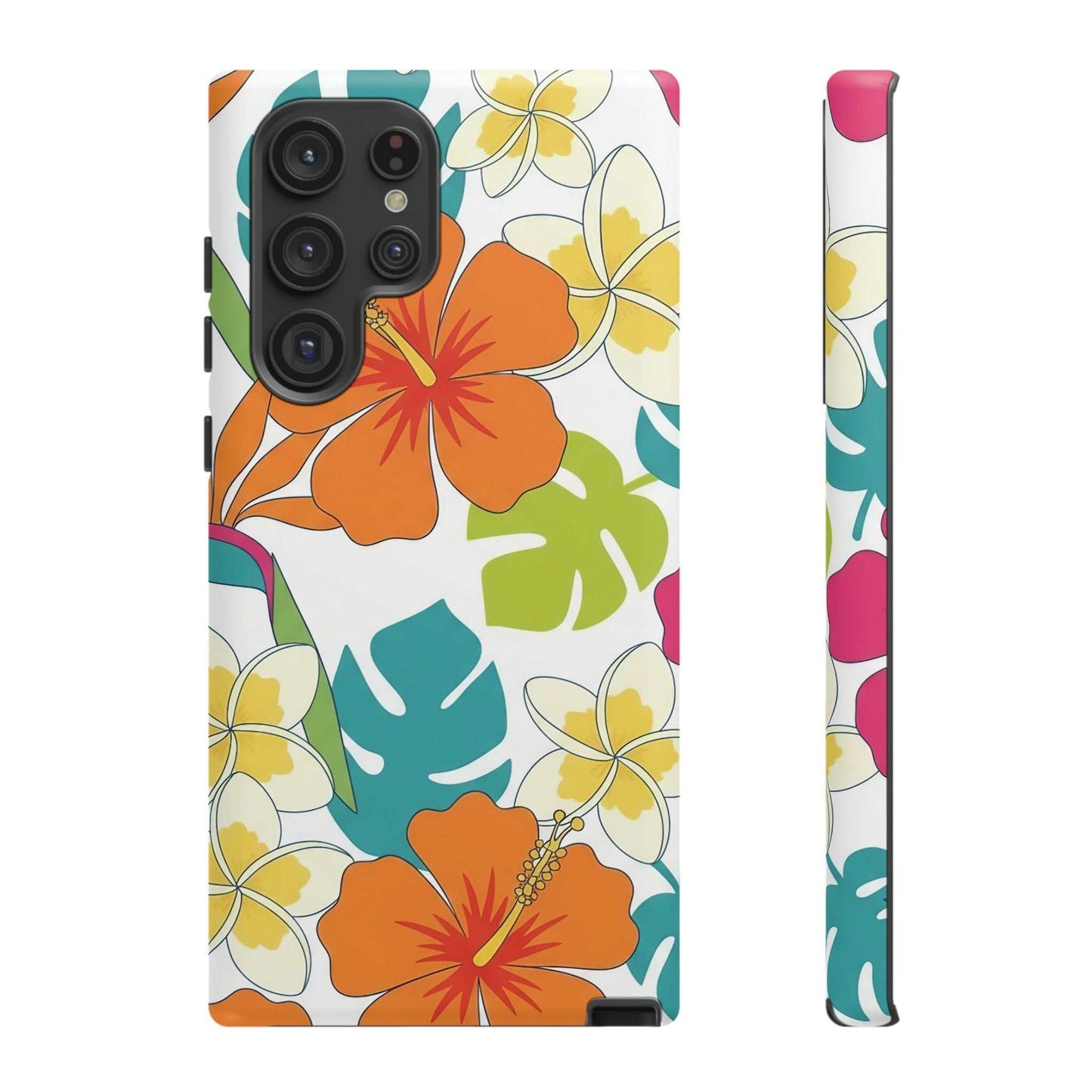 orange floral Samsung phone case with vibrant tropical hibiscus and plumeria design, durable shock-absorbent protective cover