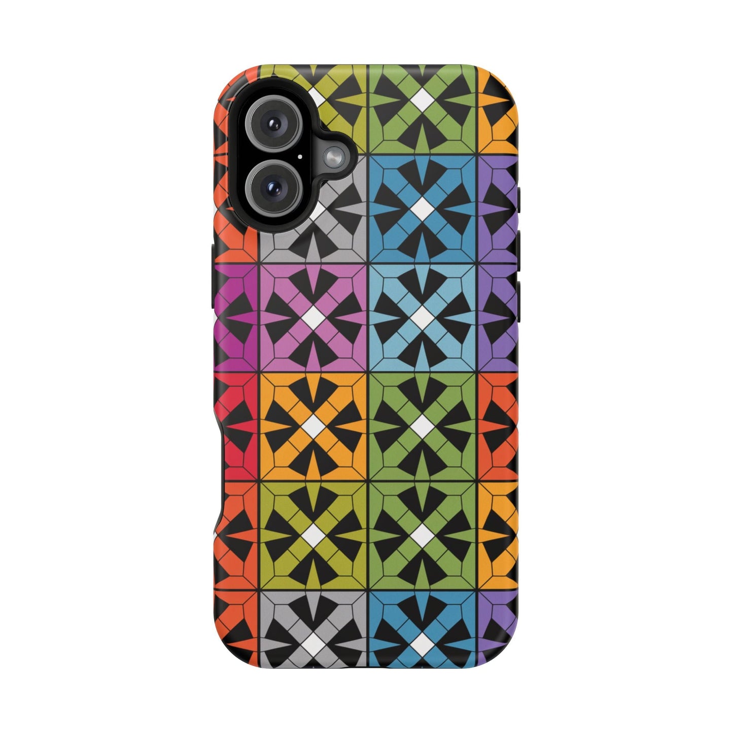 Rainbow Squares iPhone Tough Case with vibrant geometric pattern and durable dual-layer protection.