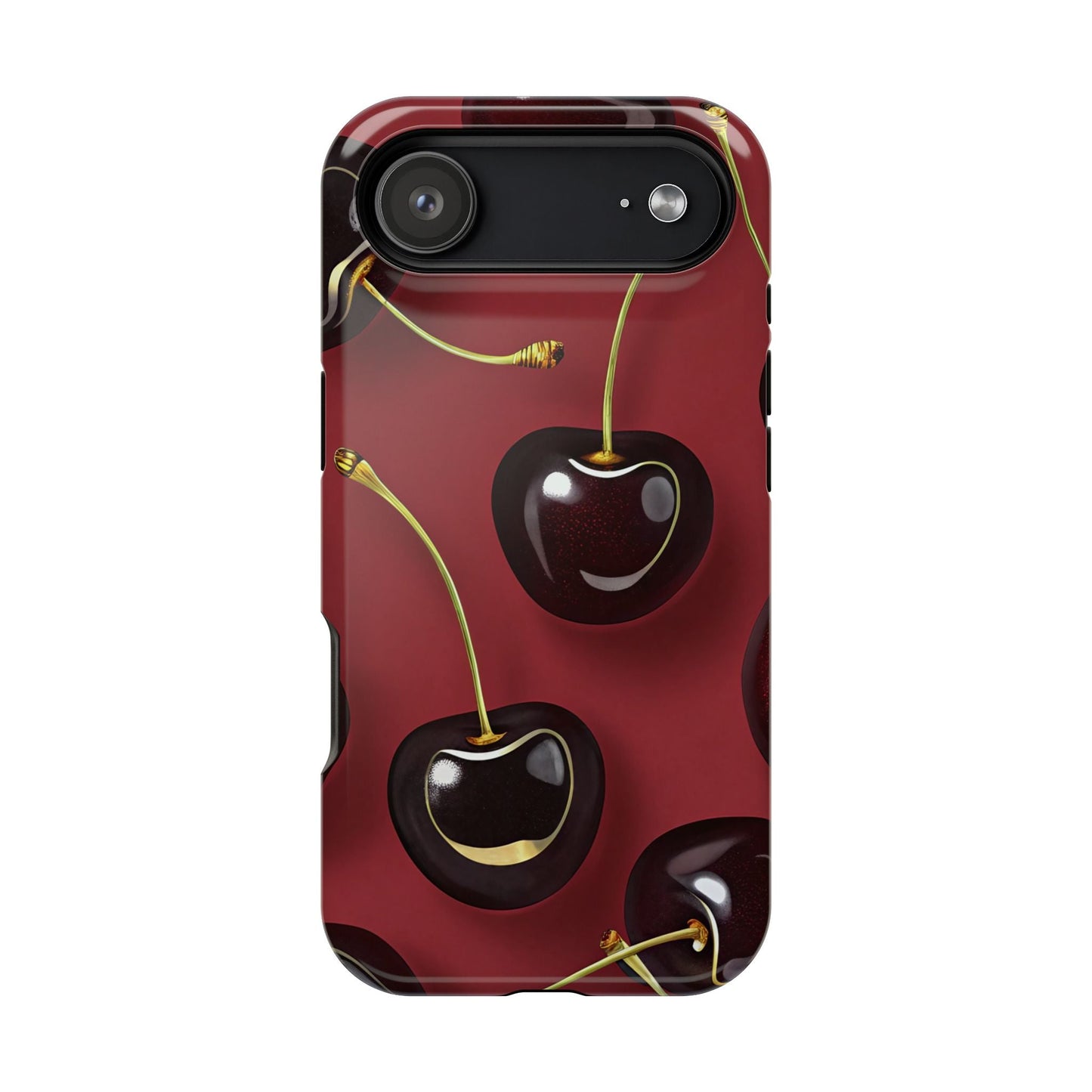 Cherry iPhone tough case with vibrant photo-realistic cherry design and dual-layer protection, MagSafe compatible