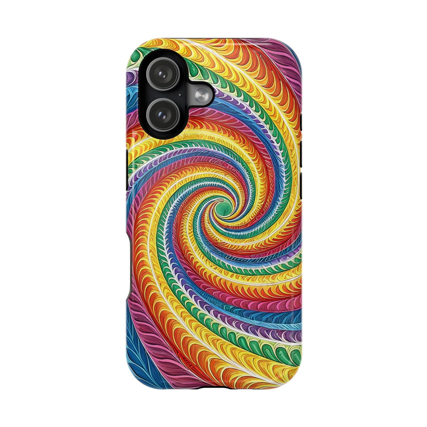 Rainbow Swirl iPhone Tough Case with vibrant multicolor spiral design and MagSafe compatibility