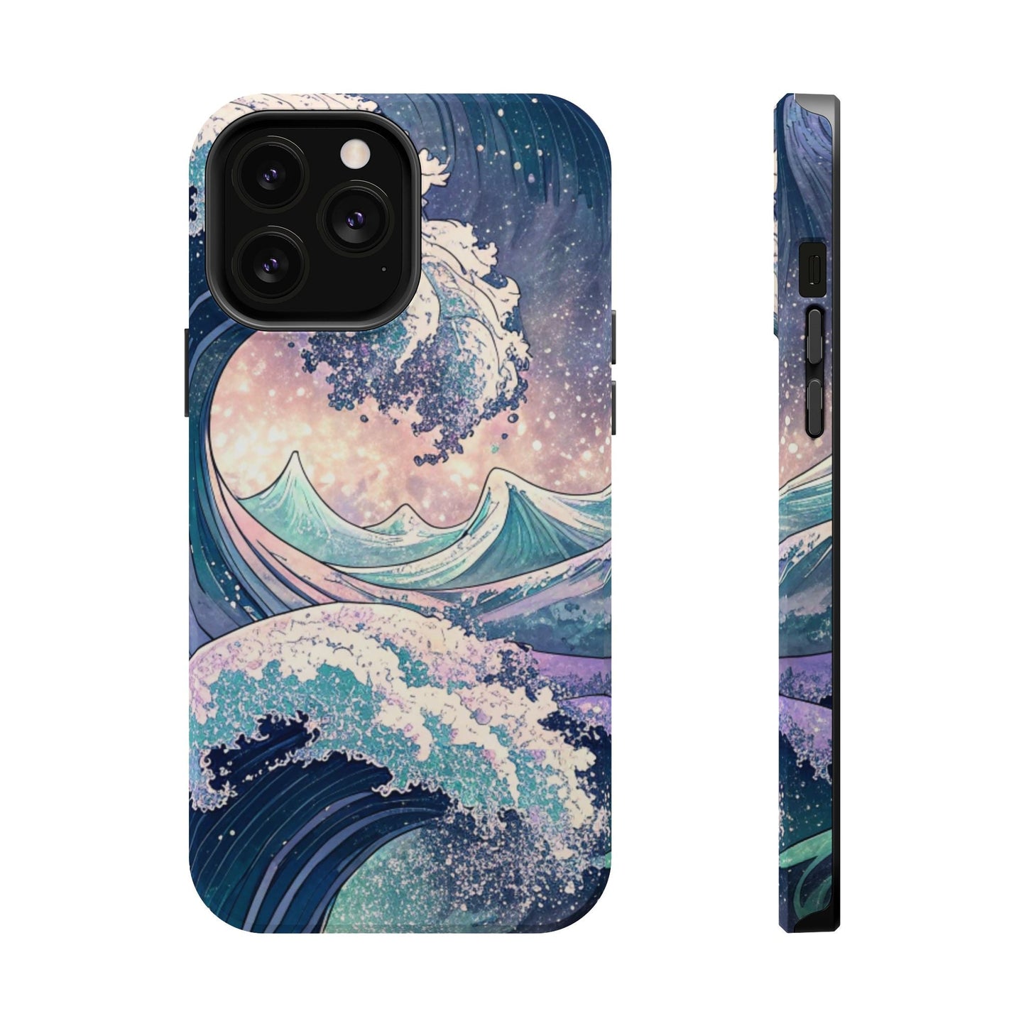 iPhone case with Crashing Waves Design, magnetic MagSafe protective cover, dual-layer polycarbonate protection, glossy and matte finish options