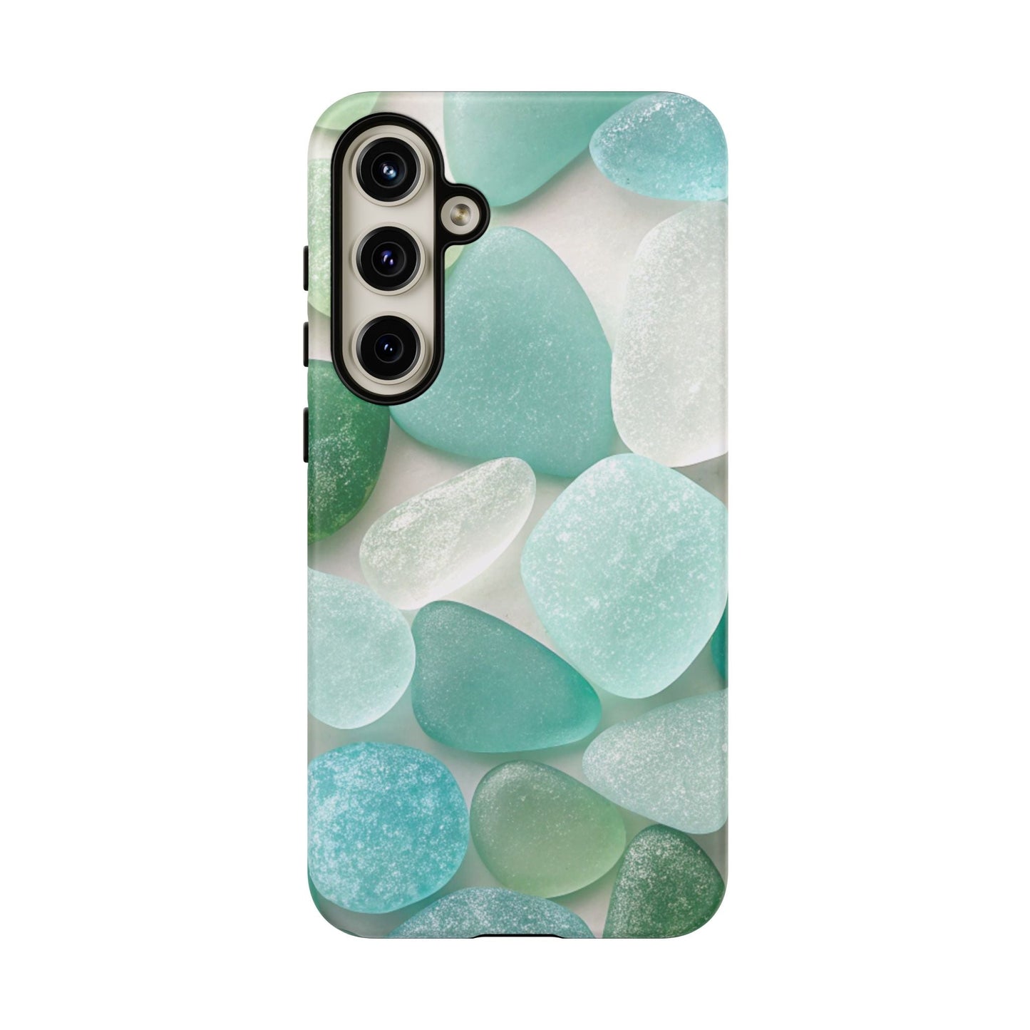 Samsung phone case with calming sea glass design in shades of blue and green, durable and impact-resistant protection for Galaxy models