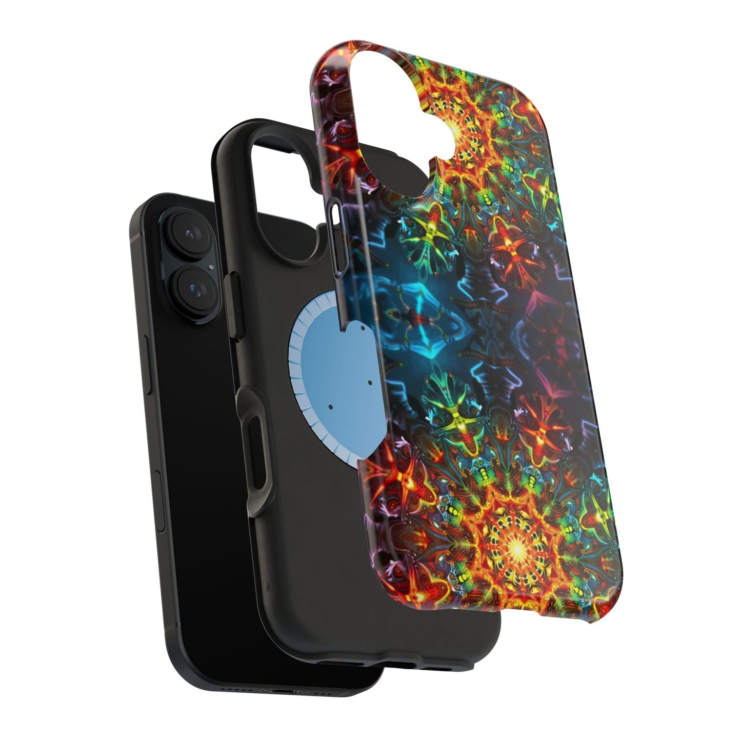 Colorful abstract kaleidoscope design iPhone case with dual-layer protection and MagSafe compatibility