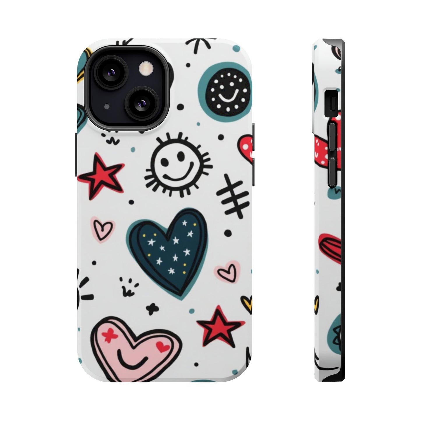 Cartoon Hearts and Smiles iPhone tough case with playful hearts and smiley design, durable protection, and MagSafe compatibility.