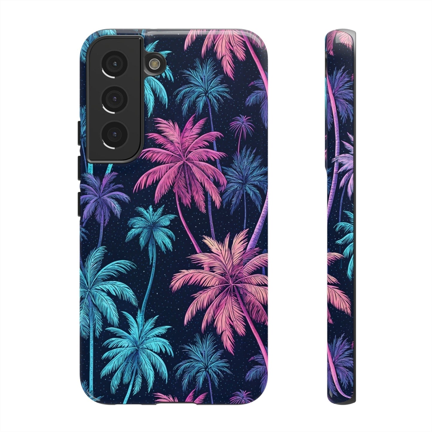 Neon Palm Tree Phone Case with vibrant blue and pink tropical palm tree design for Samsung Galaxy phones.