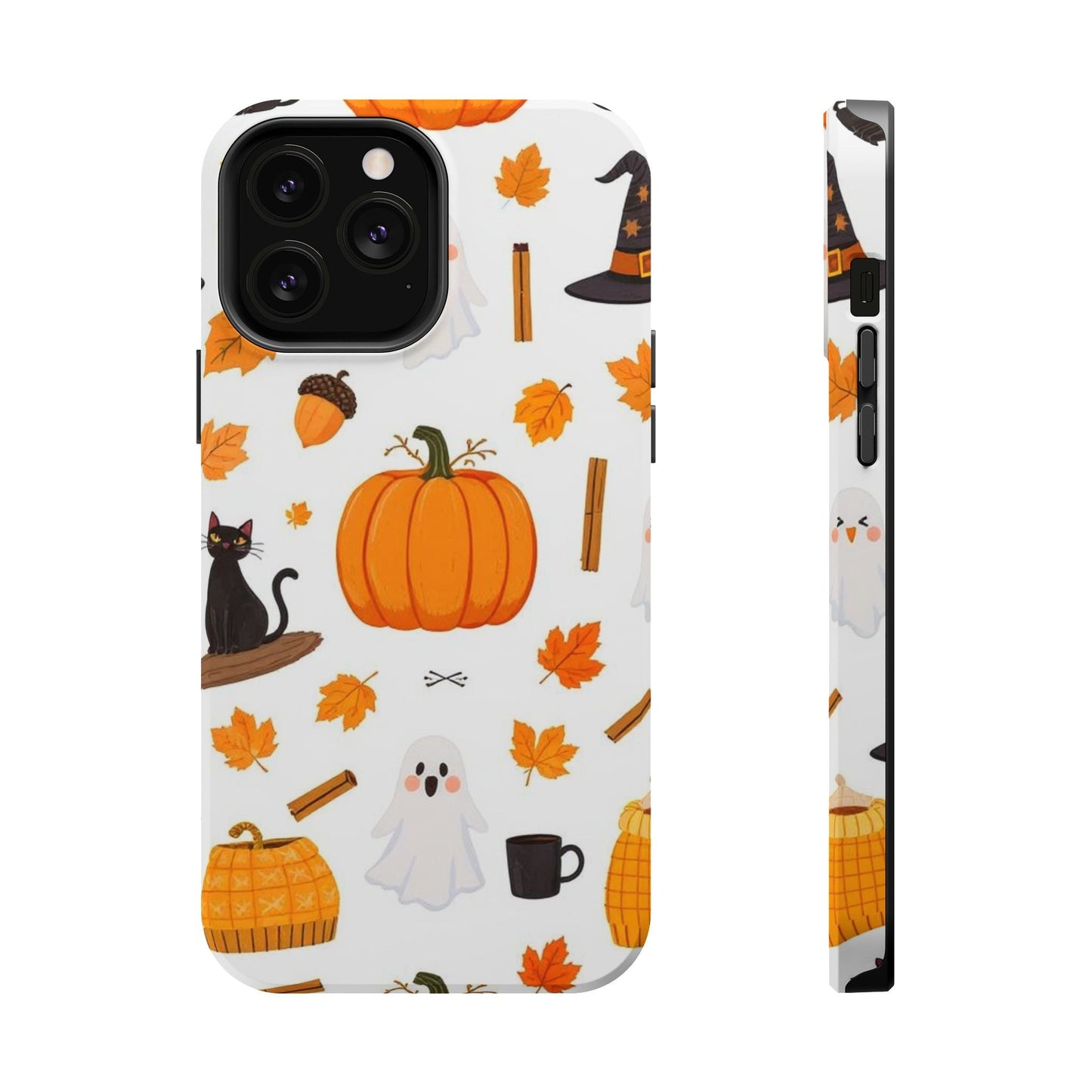 Halloween Pumpkins iPhone case with festive pumpkin, ghost, and autumn leaf design, durable protection, MagSafe compatible
