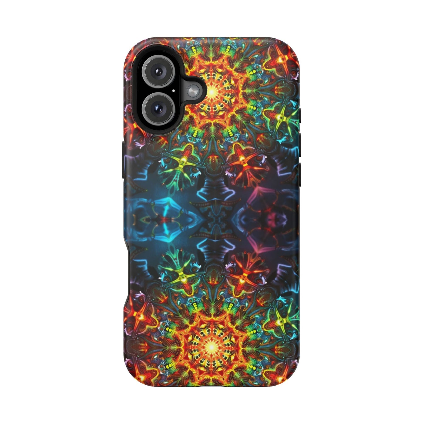 iPhone case with vibrant abstract kaleidoscope design and durable protective dual-layer construction