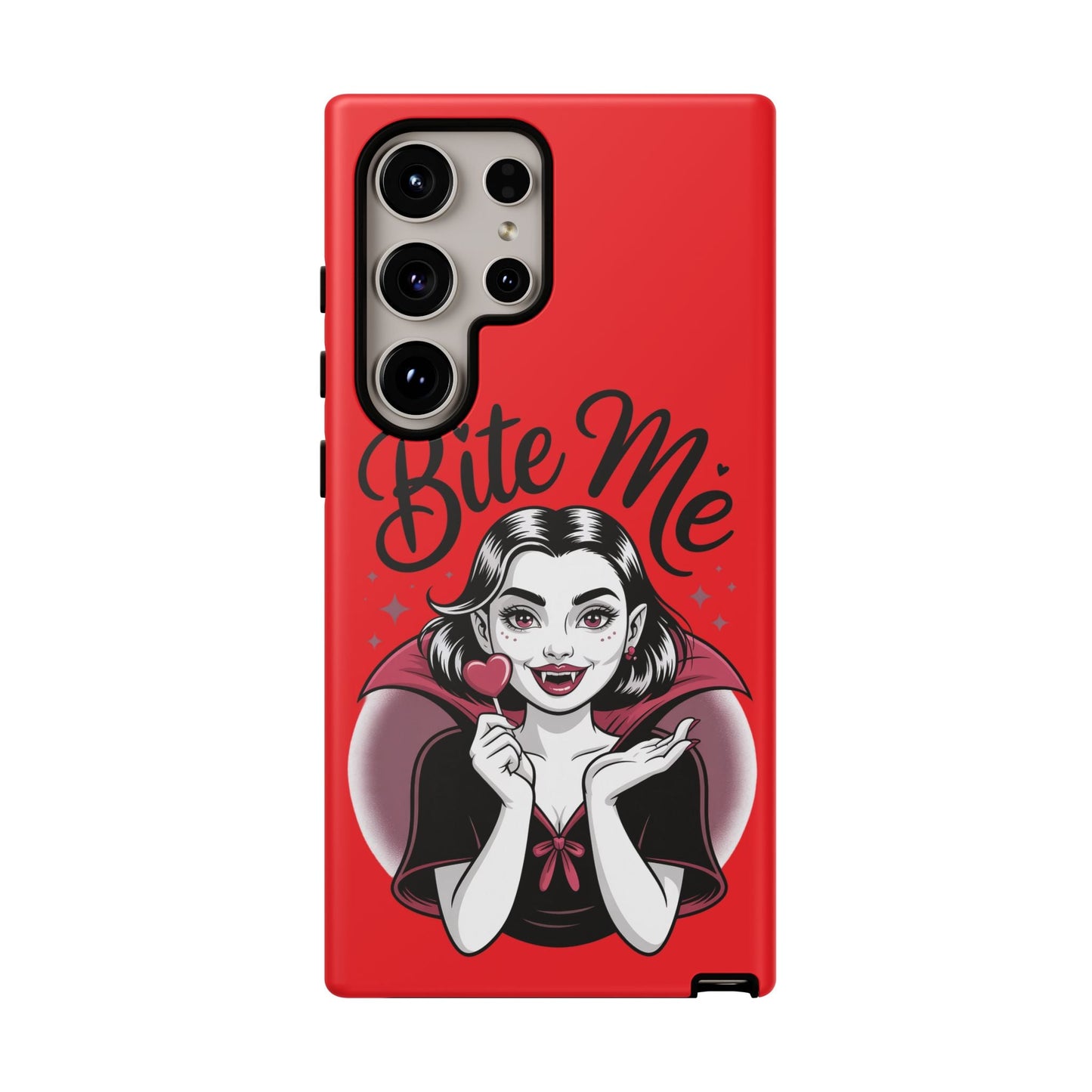 Red Samsung phone case with cartoon vampire girl holding a heart lollipop and "Bite Me" text design