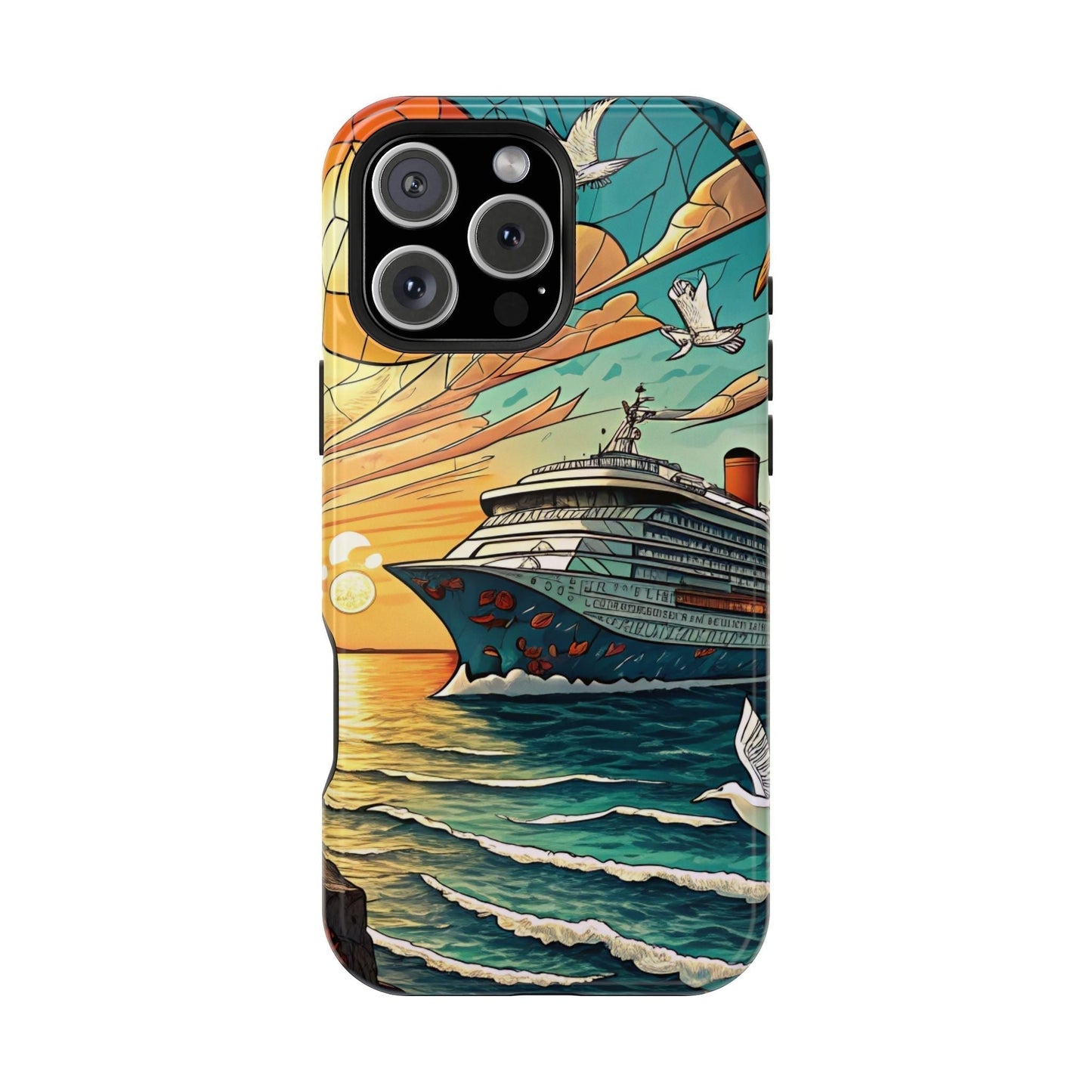 Cruise Vacation iPhone tough case with vibrant cruise ship and ocean sunset design, durable dual-layer protection with MagSafe support.