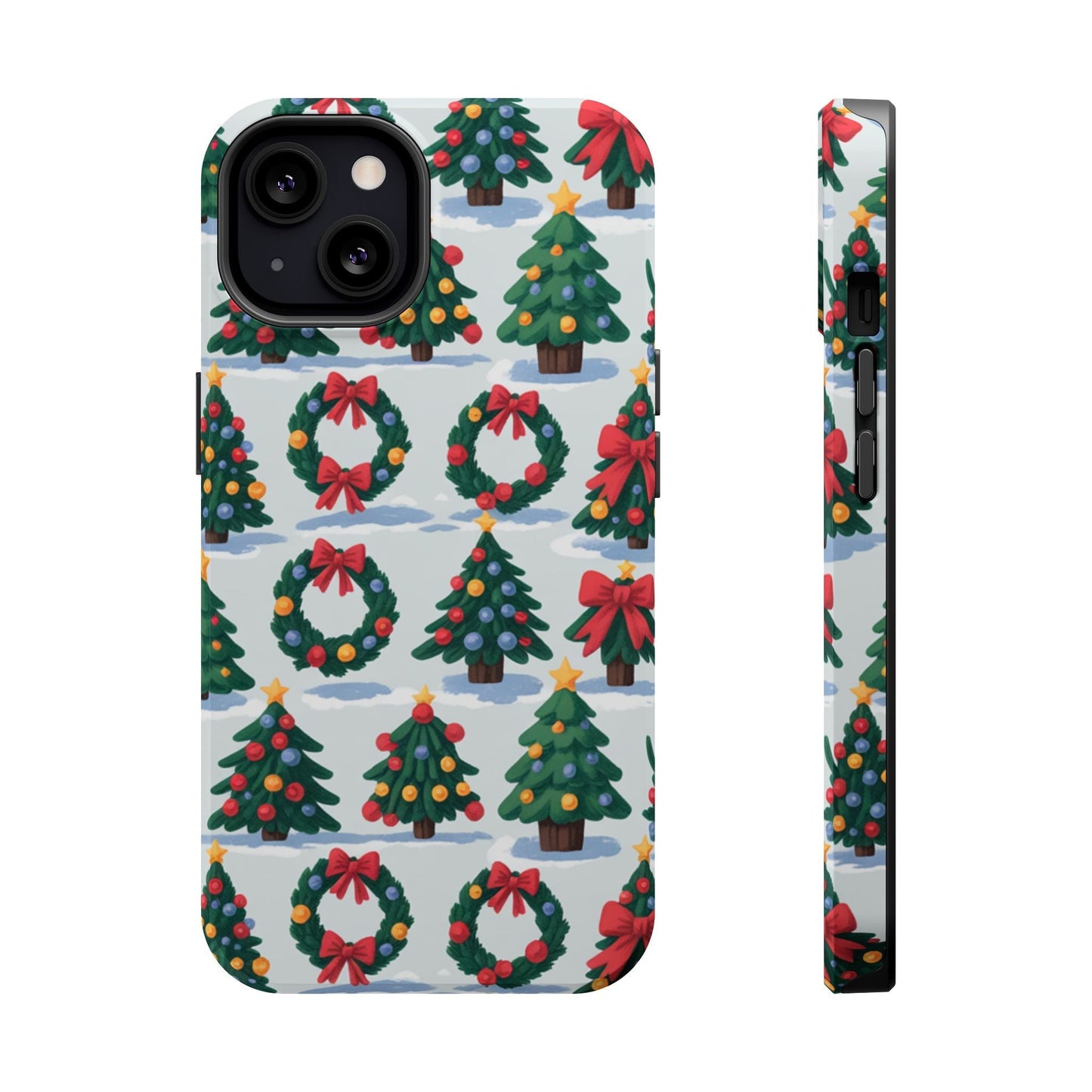 iPhone case with festive Holiday Tree and Wreath pattern, durable dual-layer protection, MagSafe compatible, Christmas-themed design