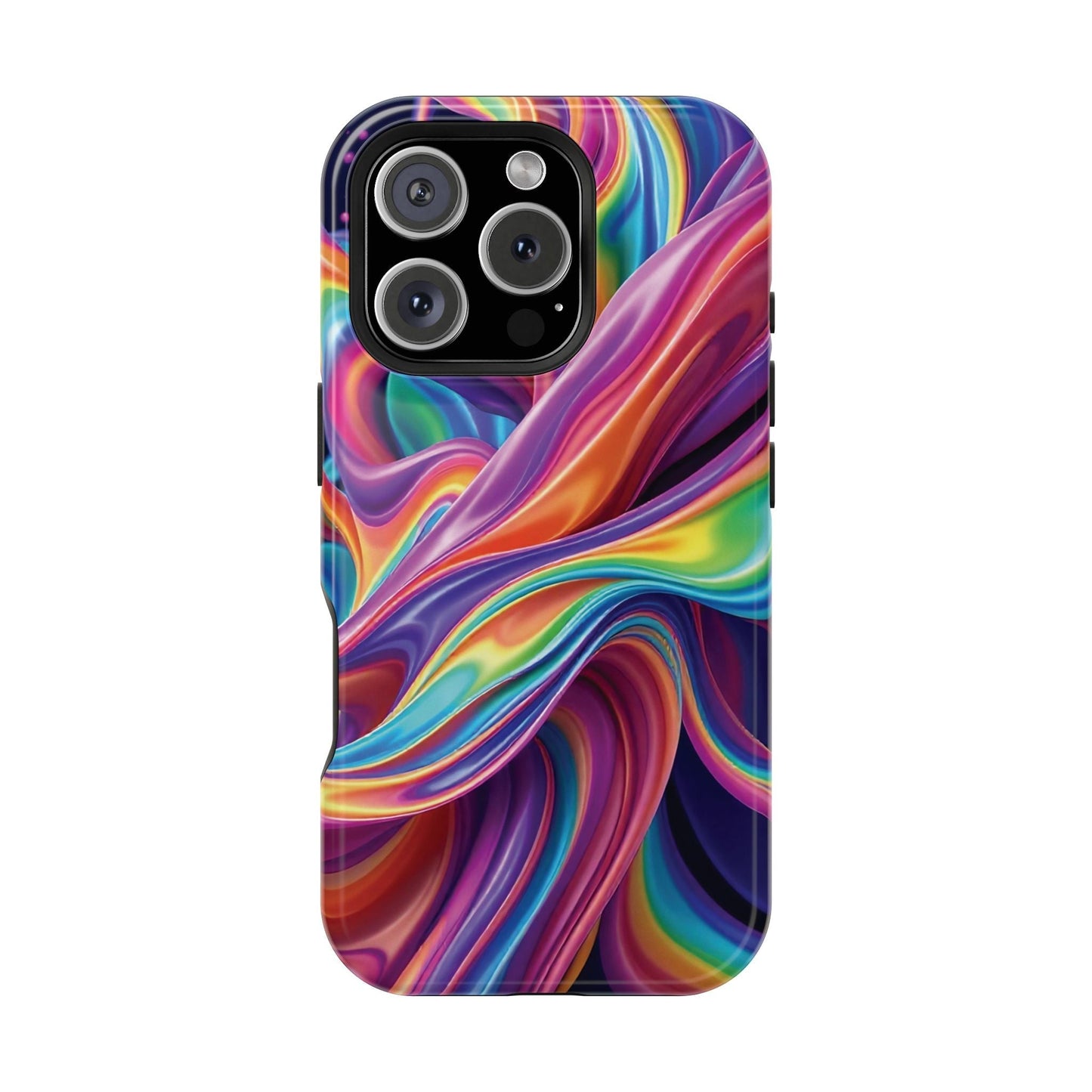 Durable iPhone tough case with vibrant wrapping rainbow design and built-in MagSafe magnet.