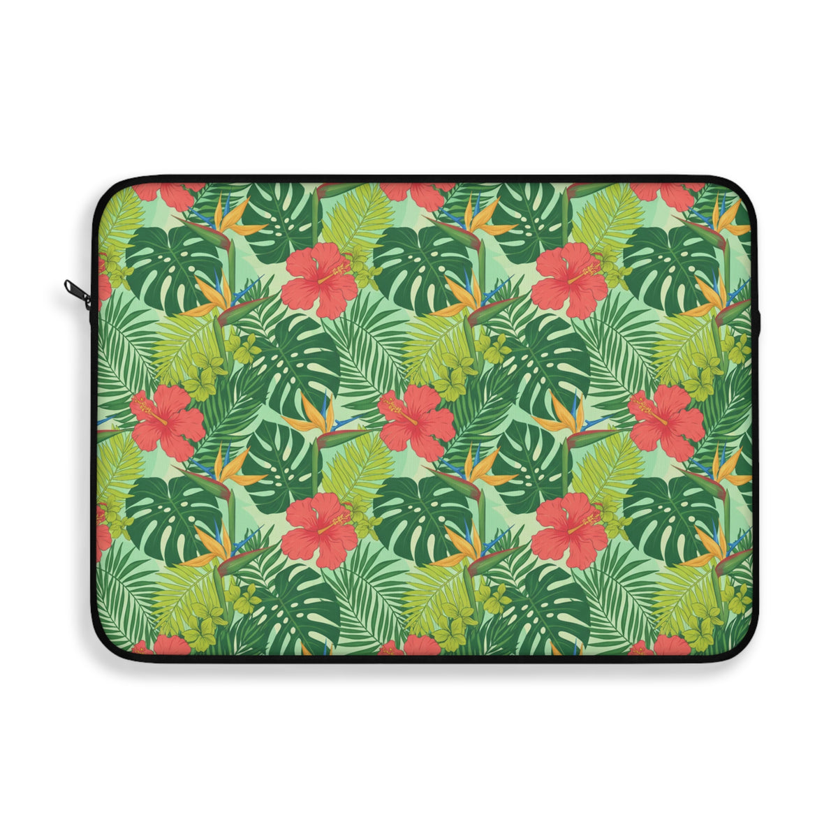 Laptop sleeve with a repeating pattern of red hibiscus flowers, bird of paradise, and monstera leaves.