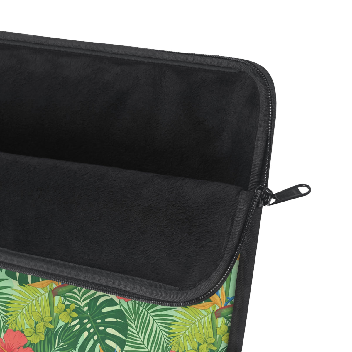 Laptop sleeve with tropical foliage pattern and black plush interior.