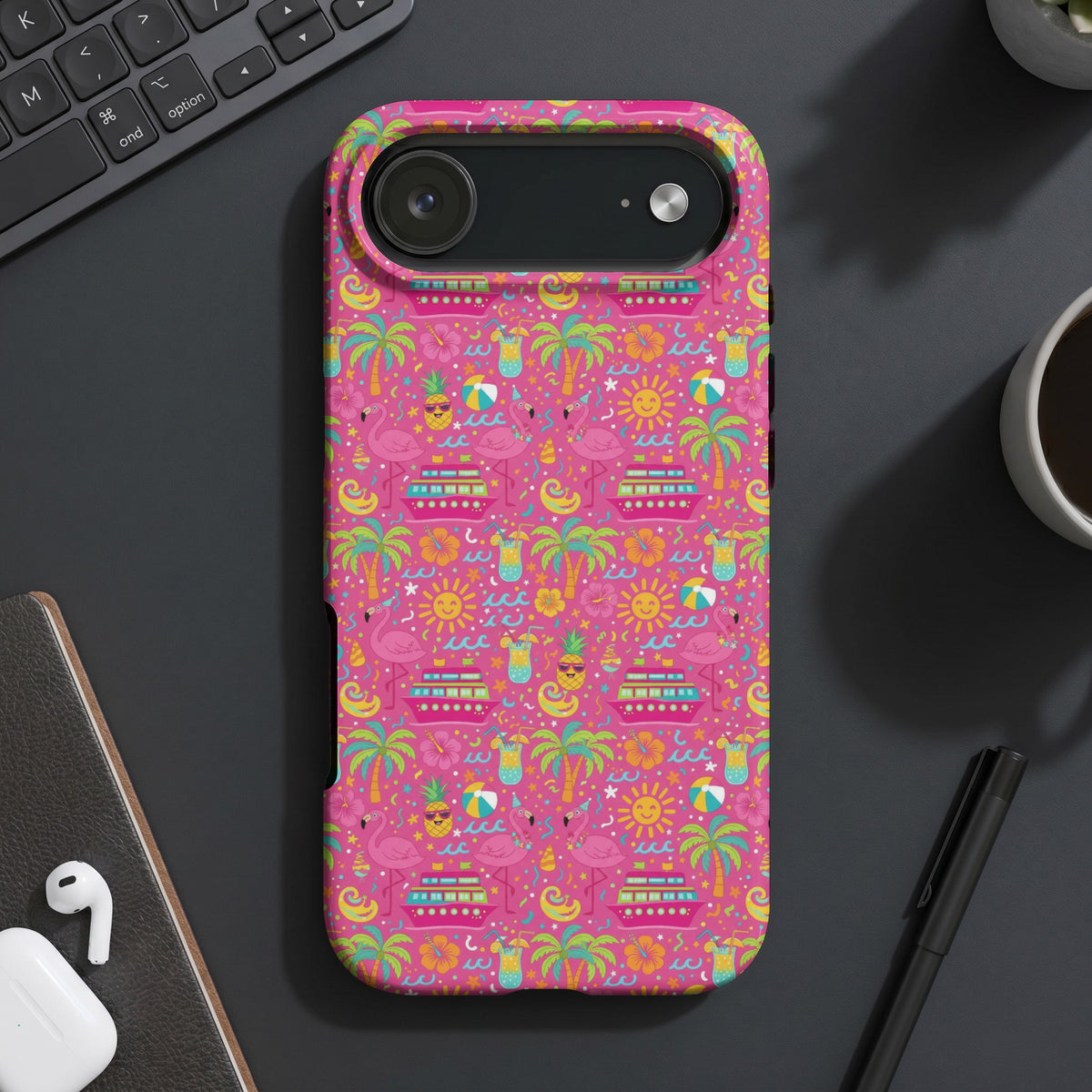 Pink phone case with repeating pattern of flamingos, cruise ships, and tropical drinks.