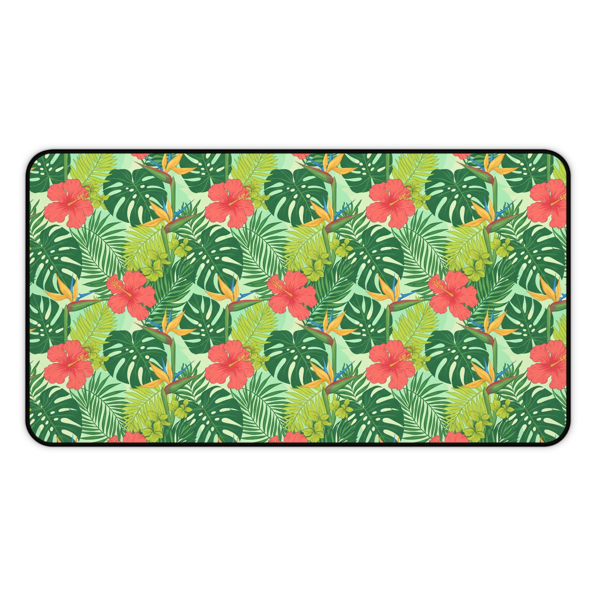 Tropical floral pattern with hibiscus, monstera, and bird of paradise flowers.
