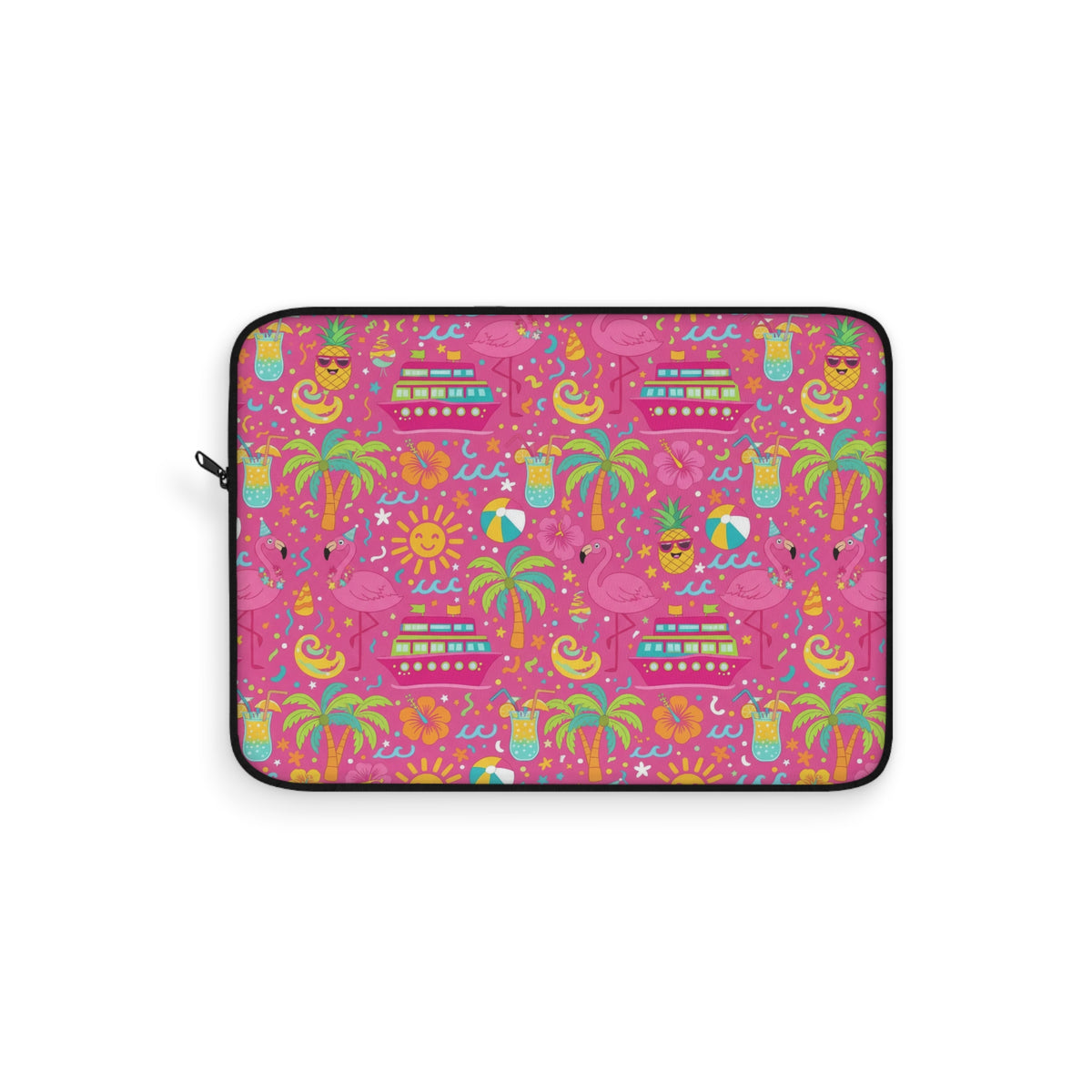 Laptop sleeve with a pink background and a repeating pattern of cartoon cruise ships, flamingos, pineapples, and cocktails.