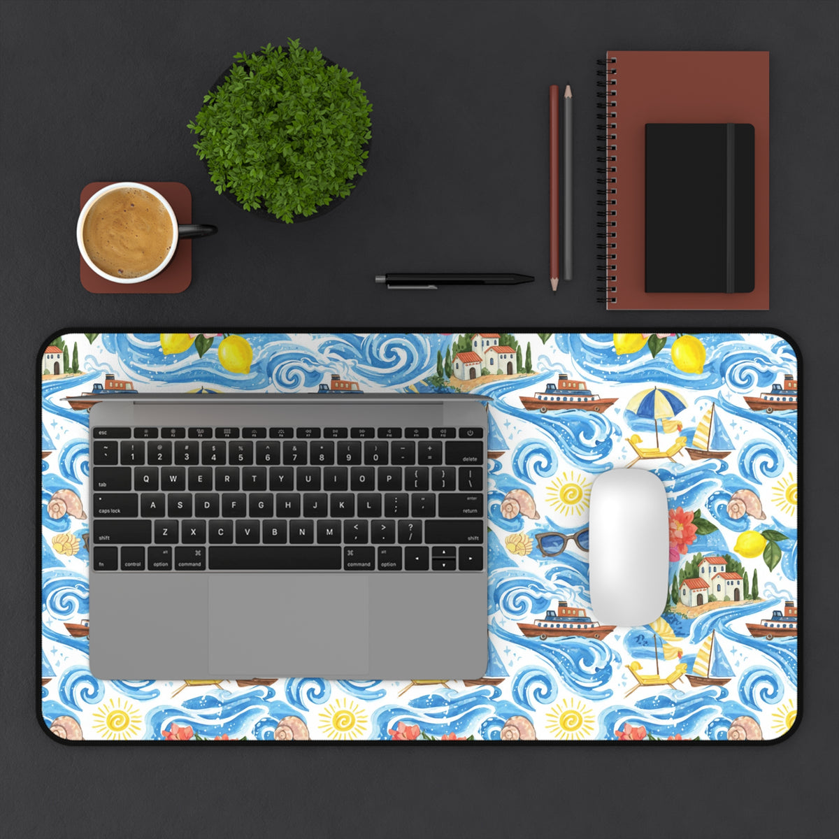 Mousepad with watercolor nautical scenes, lemons, and seaside villages.