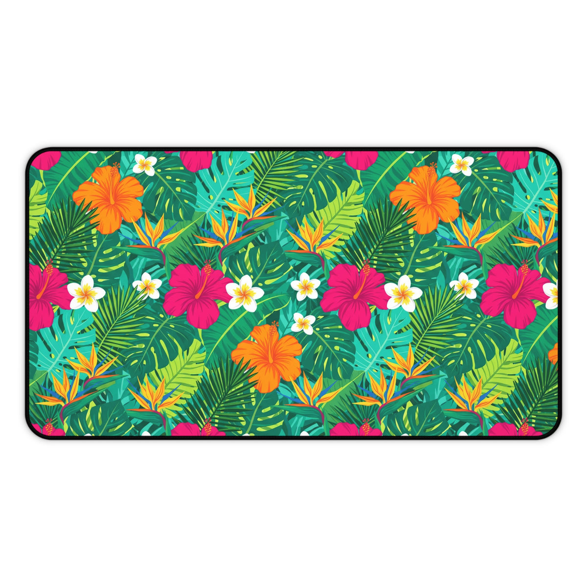 Tropical foliage pattern with hibiscus, plumeria, and bird of paradise flowers.