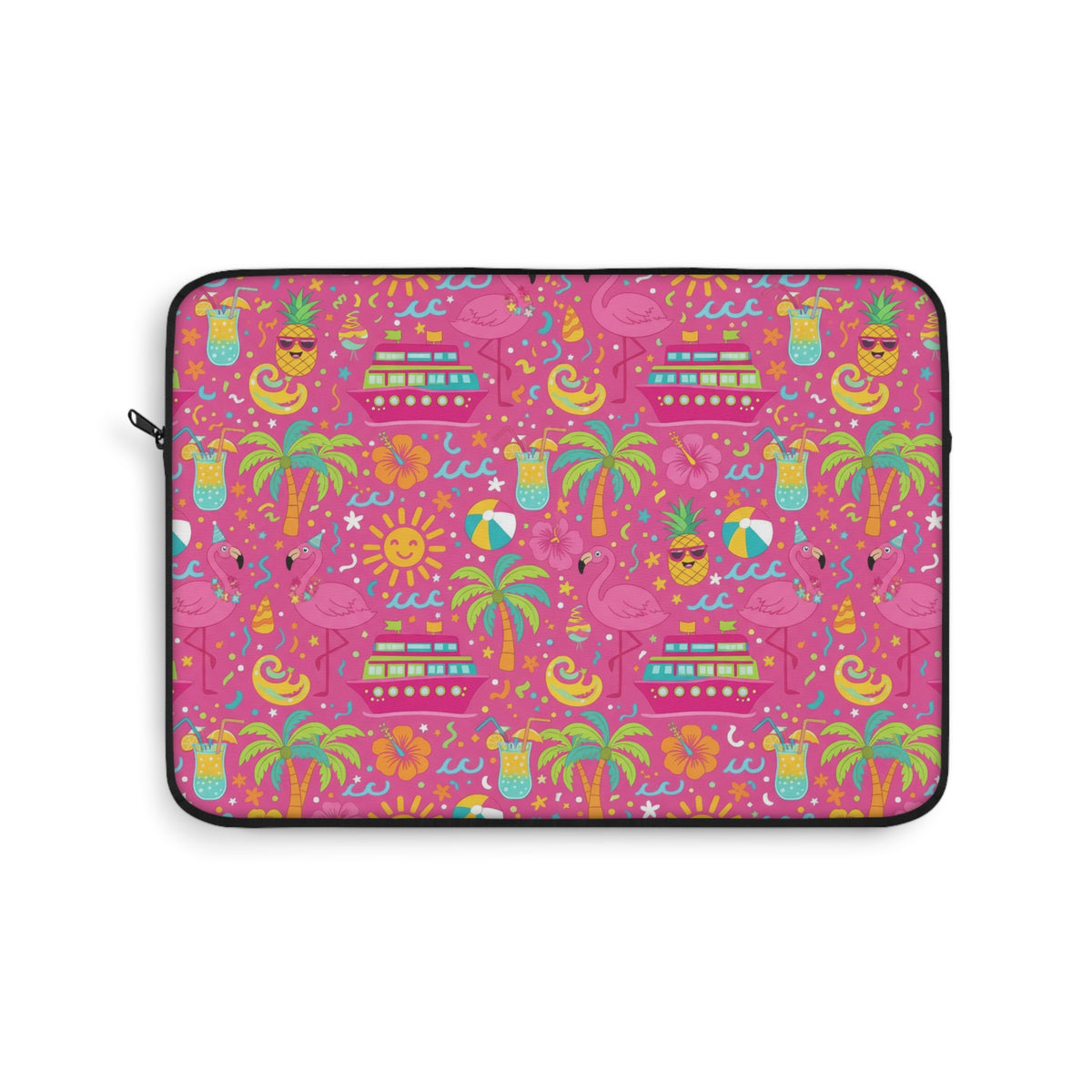 Laptop sleeve with pink background and a repeating pattern of tropical summer vacation items.