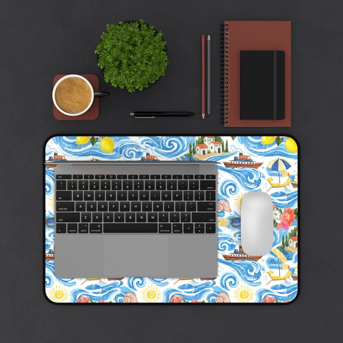 Desk mat with watercolor Italian coast scene featuring boats, lemons, and sunflowers.