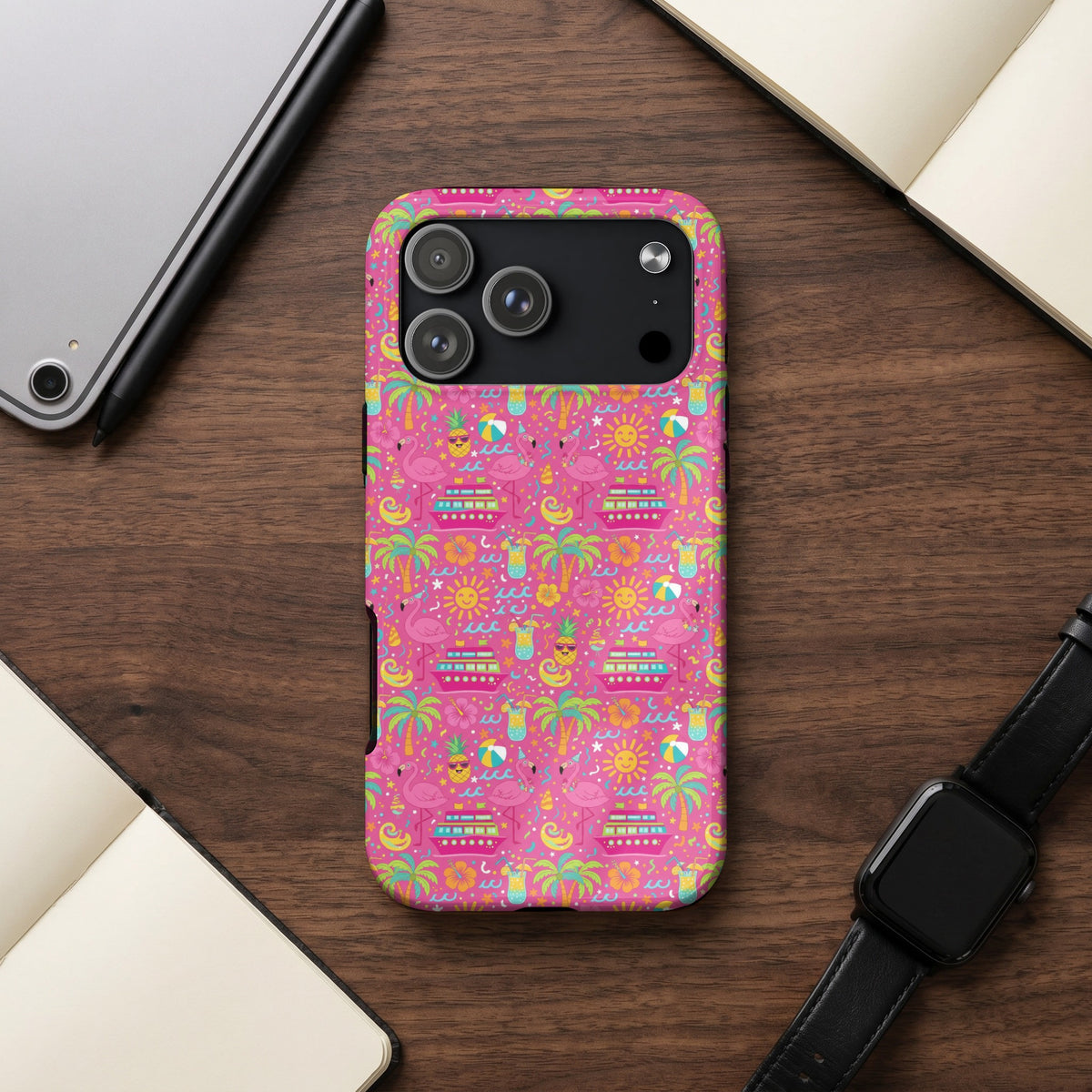 Pink iPhone case with tropical cruise and flamingo pattern.